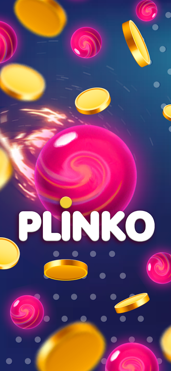 Ein Werbetitelbildschirm mit dem Wort 'PLINKO' in weißen Buchstaben auf dunkelblauem Hintergrund, verziert mit leuchtend rosa Spiralkugeln und goldenen Münzen, die im Weltraum schweben.